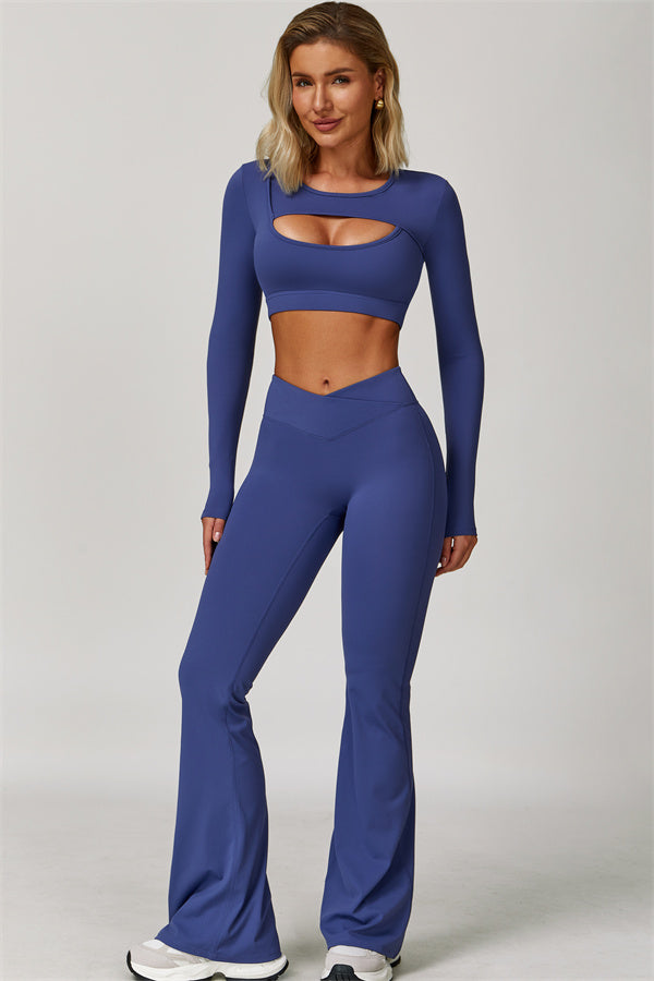 The Lavish Long Sleeve Cut-out Crop Top Flared Leggings 2-Piece Set