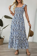 Sky Blue Boho Print Smocked High Waist Maxi Dress