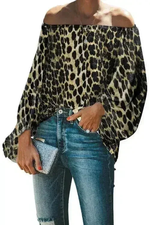 Leopard Print Long Sleeve Elastic Neck Off Shoulder Top | Femstylo