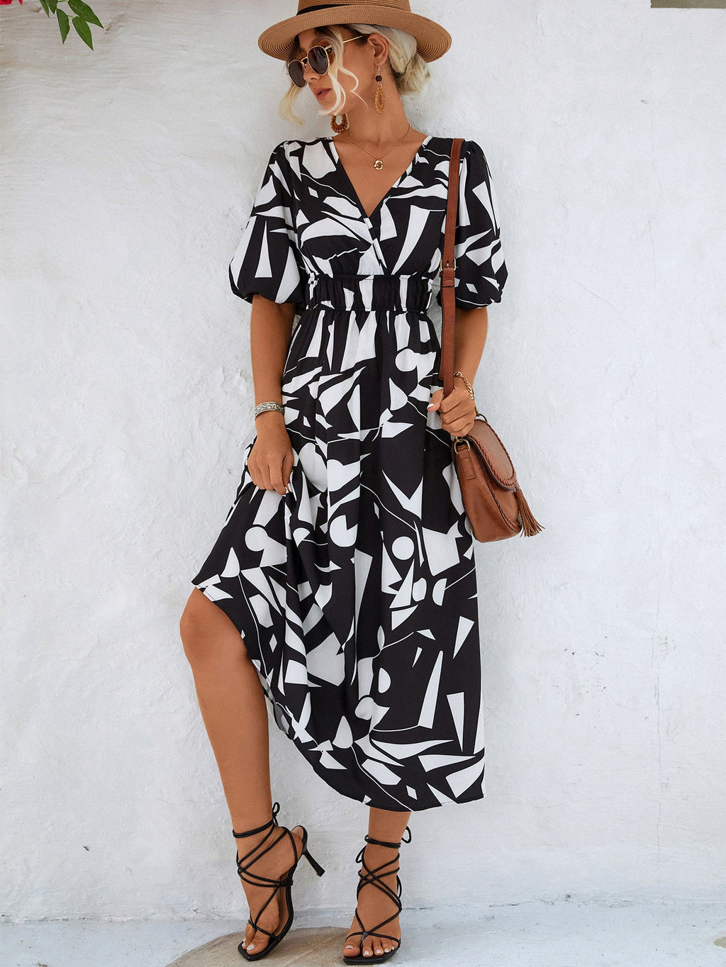 Black White Printed Balloon Sleeve Dress Elegant & Chic Casual Wear For Summer
