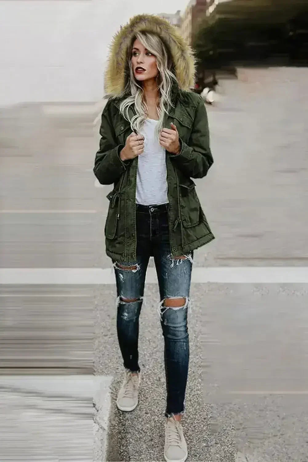 Zipper Snaps Pocket Plush Hooded Parka Jacket