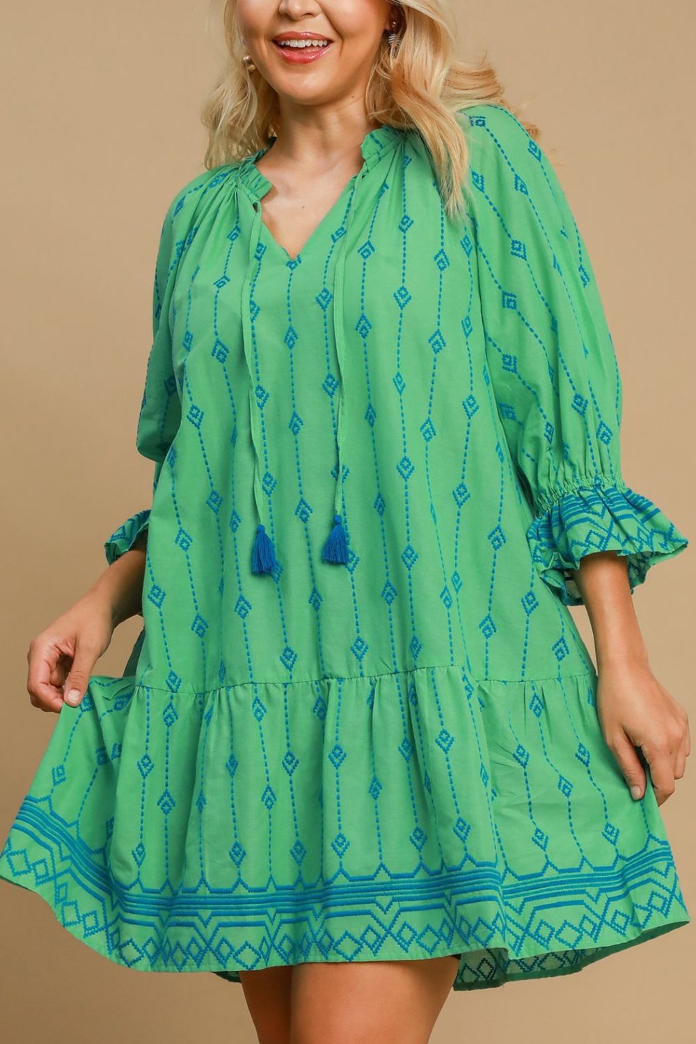 Full Size Tassel Embroidered Sleeve Mini Dress Plus Size Feminine & Stylish Green Dress