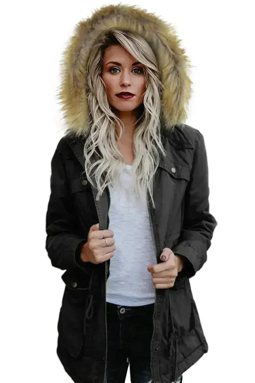 Zipper Snaps Pocket Plush Hooded Parka Jacket
