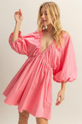 Plunge Balloon Sleeve Poplin Mini Dress with Pockets –Bold, Chic, Sexy and Trendy Plunge Neckline Dress with Balloon Sleeves and Functional Pockets