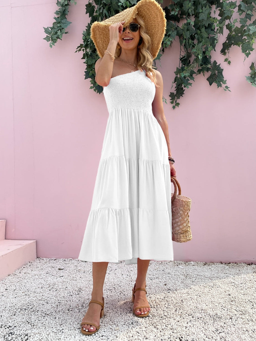 Smocked Single Shoulder Sleeveless Dress Stylish & Comfortable Summer Long Dress Lightweight Dress