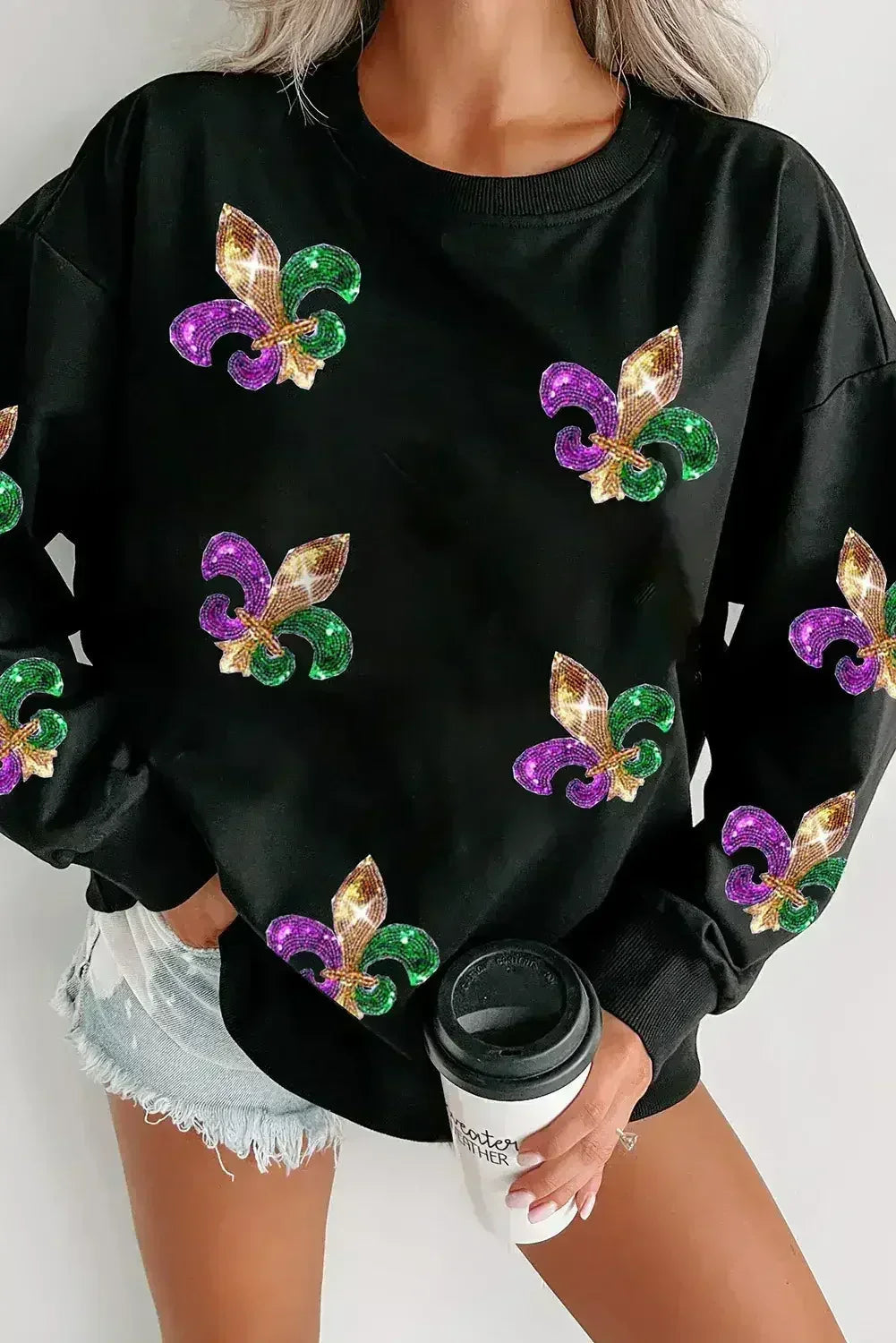 White Sequin MARDI GRAS Graphic Pullover Sweatshirt