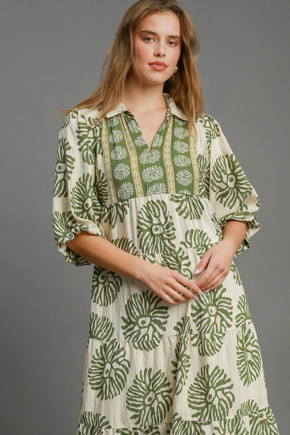 Matcha Green Full Size Print Midi Dress Plus Size Boho Chic Dress Lightweight Women Dress