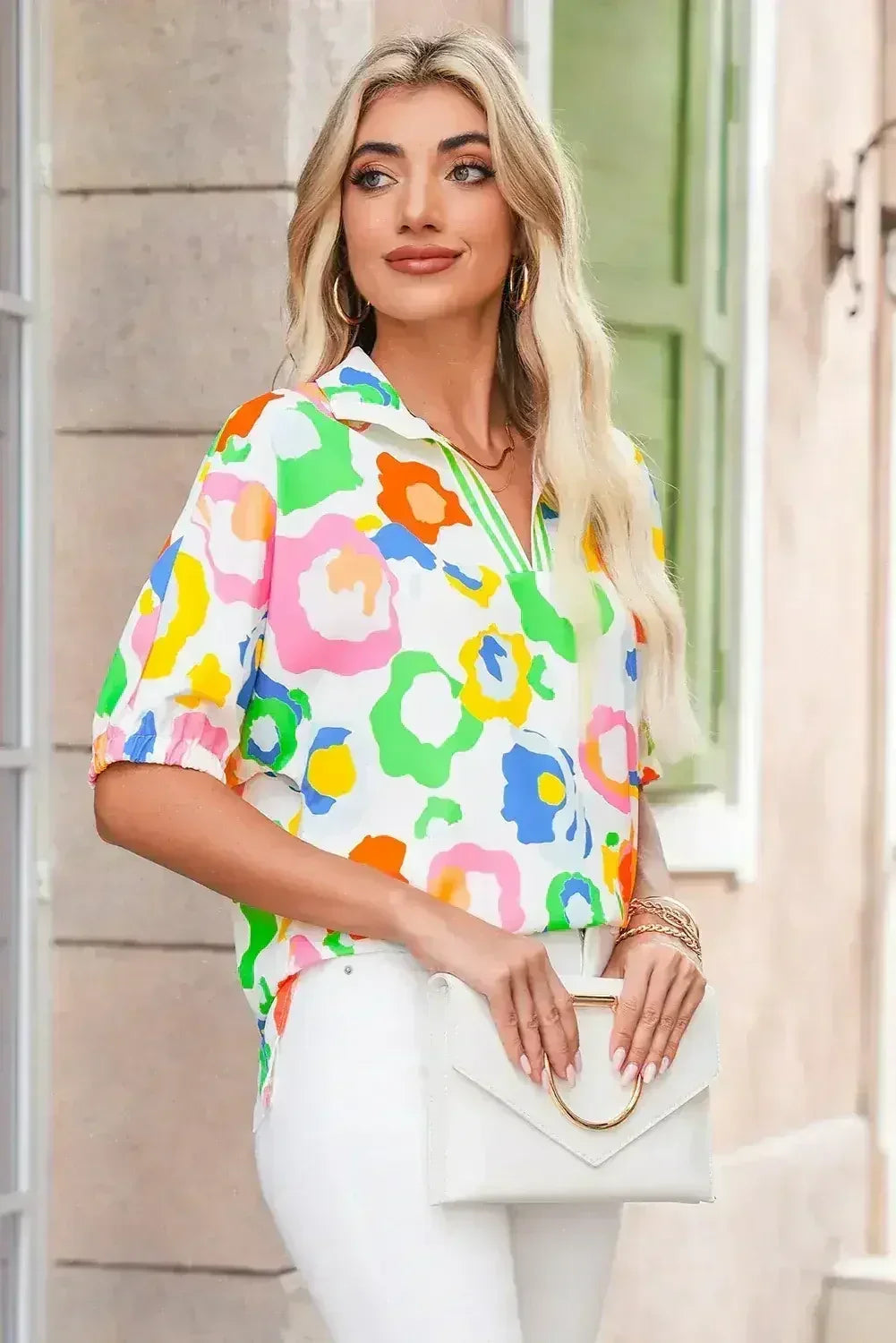 Green Abstract Leopard Short Sleeve Pop of Color Blouse | Femstylo