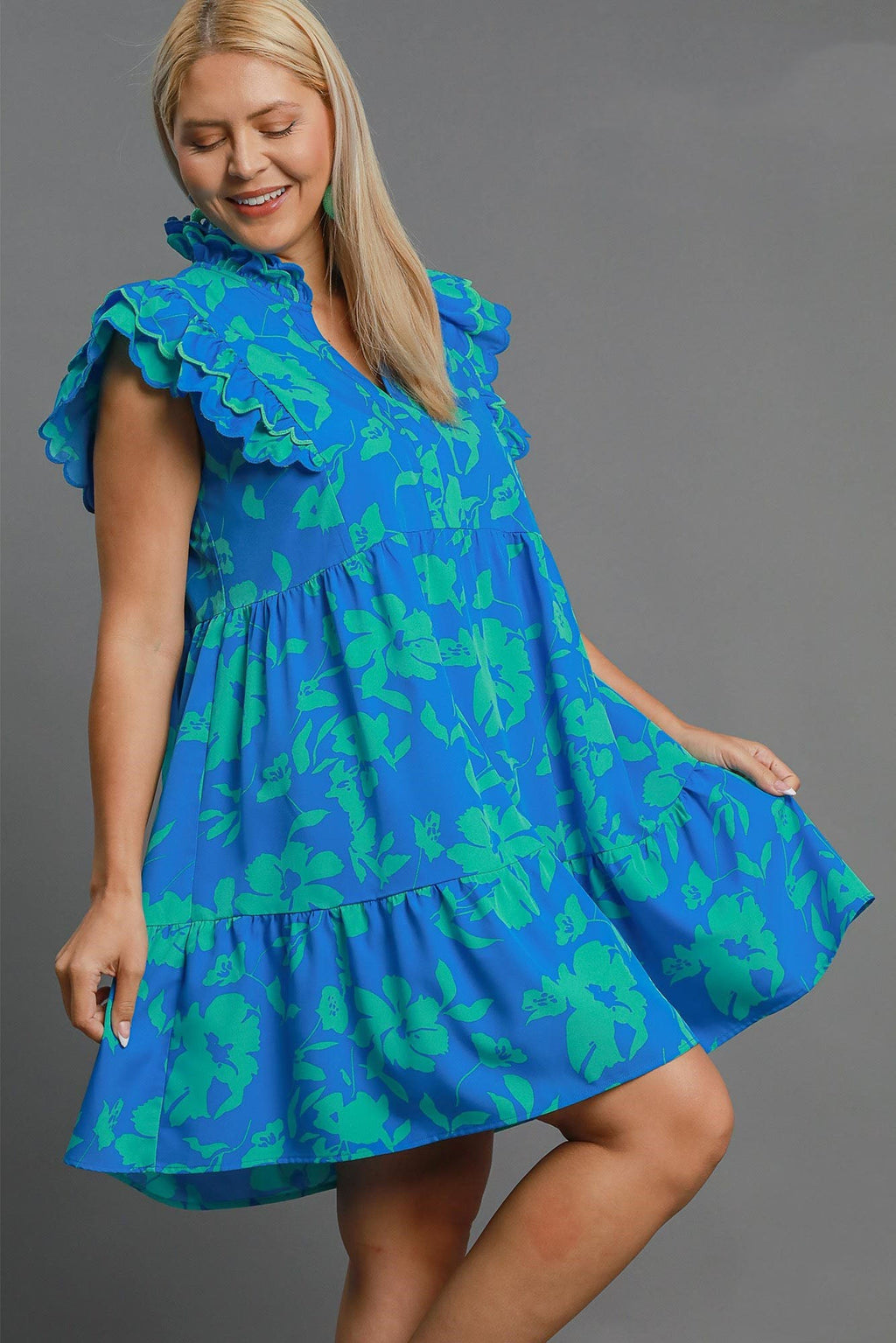 Blue Full Size Two-Tone Floral Print Ruffle Cap Sleeve Mini Dress Plus Size Elegant Dress