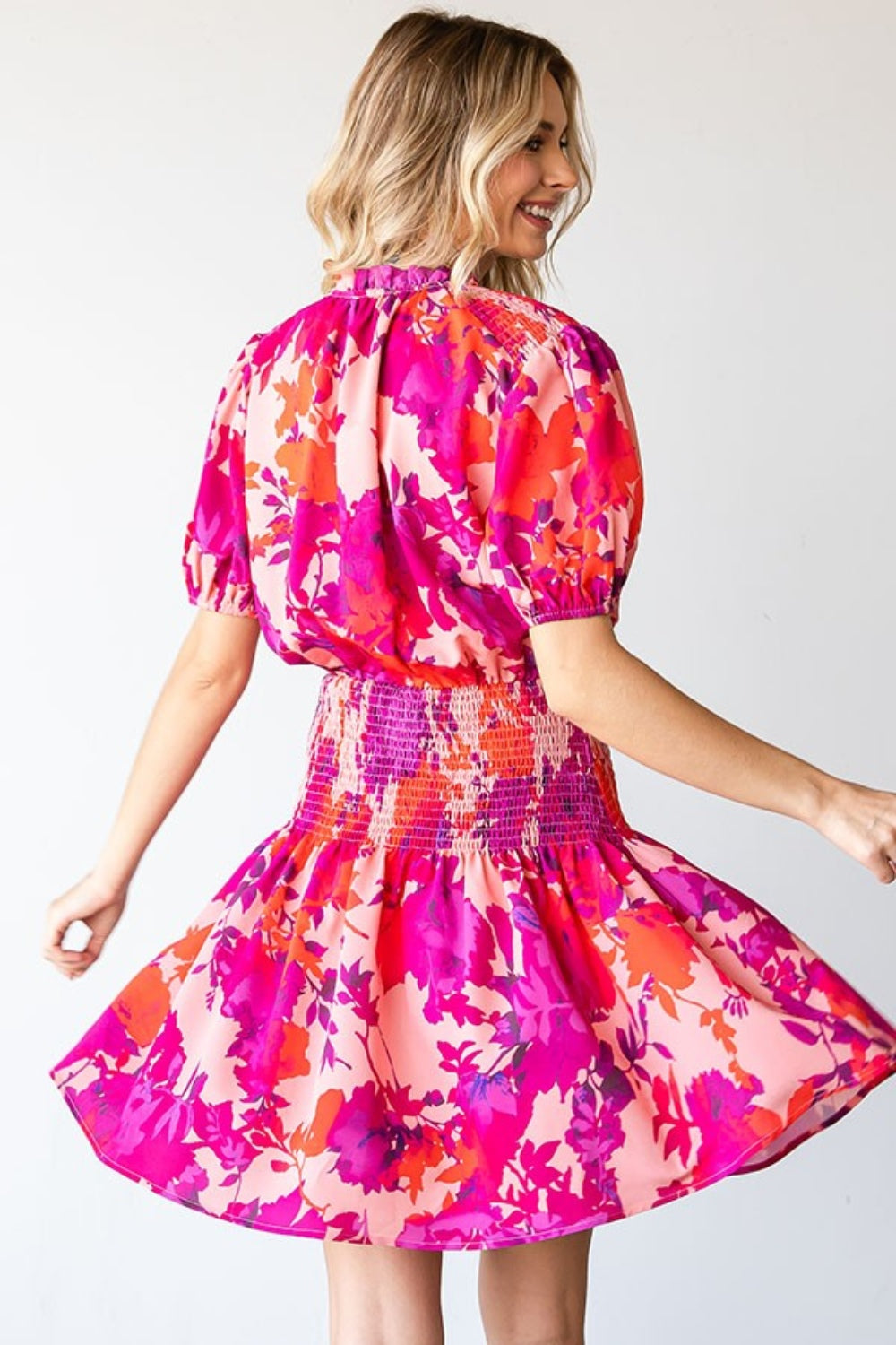 Floral Short Sleeve Smocked Mini Dress – Floral Mini Dress, Smocked Dress, Short Sleeve Floral Dress, Ruched Waist Dress, Summer Mini Dress, Romantic Floral Dress, Chic Floral Dress