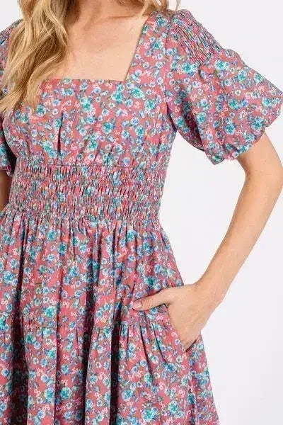 Smocked Floral Square Neck Puff Sleeve Midi Dress - Femstylo