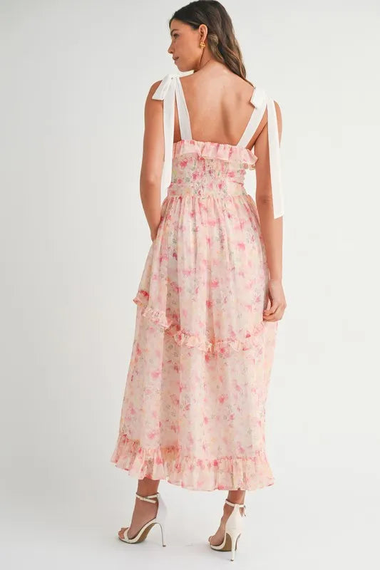 Floral Printed Shoulder Strap Midi Dress For Women – Floral Midi Dress, Shoulder Strap Dress, Ruffled Midi Dress, Feminine Floral Dress, Elegant Occasion Dress