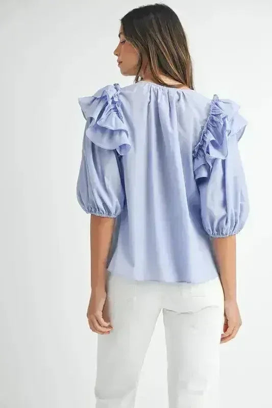 MABLE Stripe Ruffle Shoulder Puff Sleeve Blouse | Femstylo