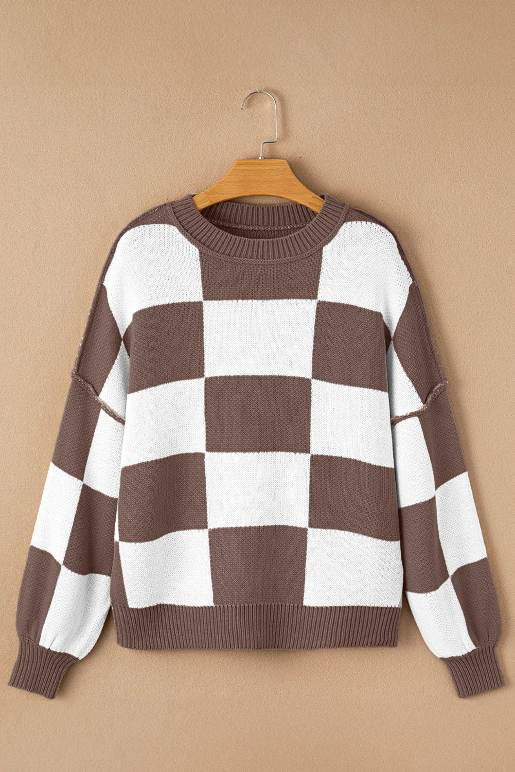 Dark Brown Plaid Bishop Sleeve Pullover Sweater
