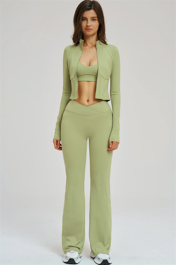 The Sizzle Zip Jacket Sports Bra Flared Leggings 3-Piece Set
