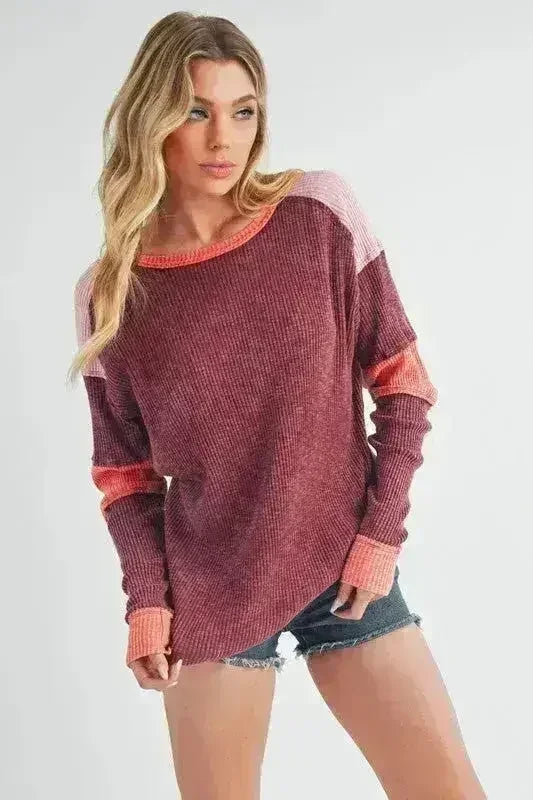 Color Block Knit Top – Raw Seam Detail & Cotton-Spandex Blend