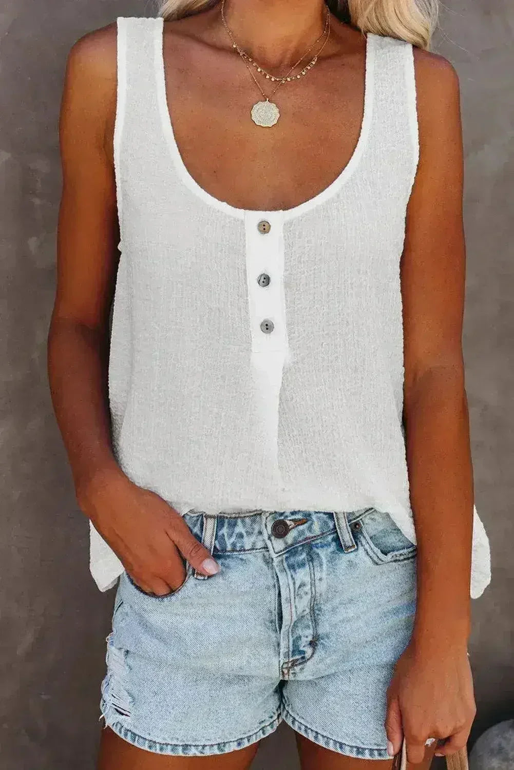 Button Textured Cotton Tank Top