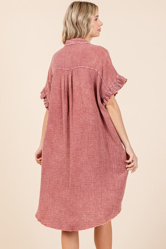 Mineral Wash Cotton Gauze Mini Shirt Dress For Women – Effortlessly Chic and Tredny Dress with Ruffle Sleeve Details