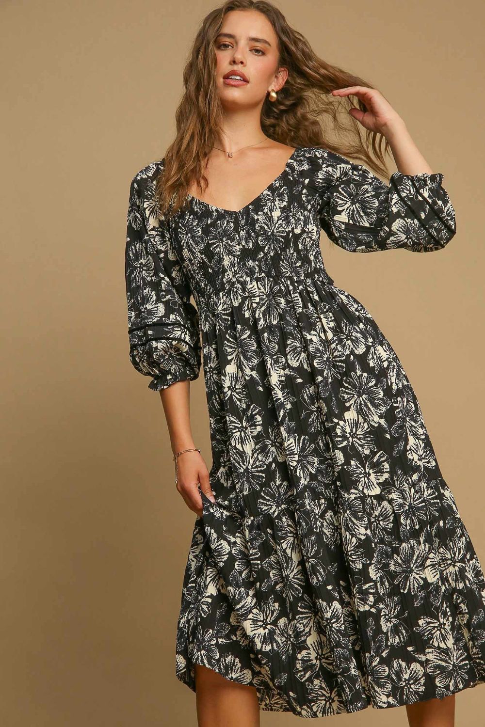 Ruffle Hem Flower Printed V-Neck Dress – Floral Print Dress, Ruffle Hem V-Neck Dress, Feminine Floral Dress, Elegant V-Neck Dress, Flirty Ruffle Hem Dress