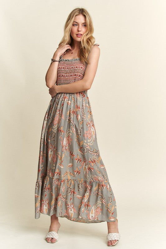 Smocked Printed Square Neck Tie Shoulder Cami Dress For Women – Trendy Smocked Cami Dress with Square Neckline, Tie Shoulders, and Playful Print for a Chic Summer Look