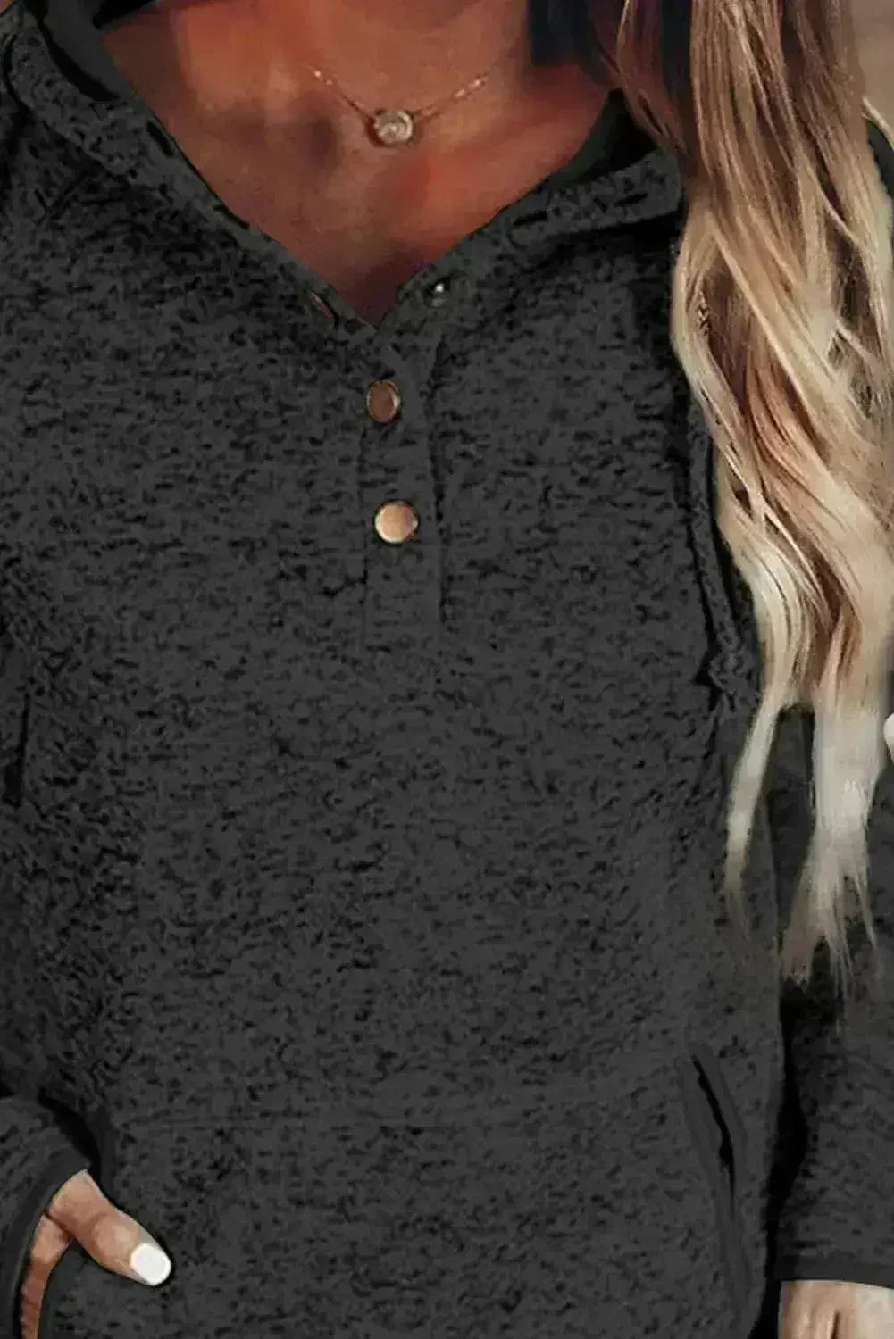 Women's Black Heathered Print Button Snap Neck Pullover Hoodie