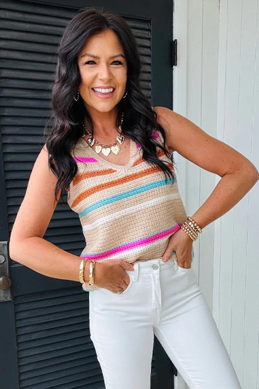 Khaki Stripe V Neck Textured Knit Vest