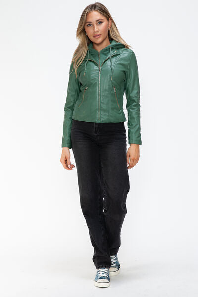Women Classic Snobbish Faux Leather Zip-Up Drawstring Hooded Jacket Edgy & Casual PU Leather Jacket For Streetwear