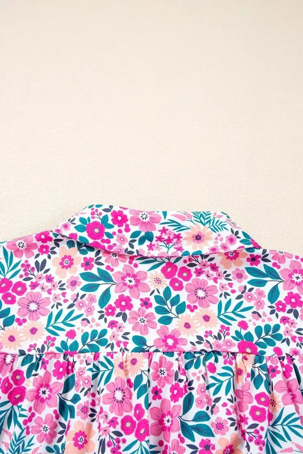 Pink Plus Size Floral Half Button Puff Sleeve A Line Dress