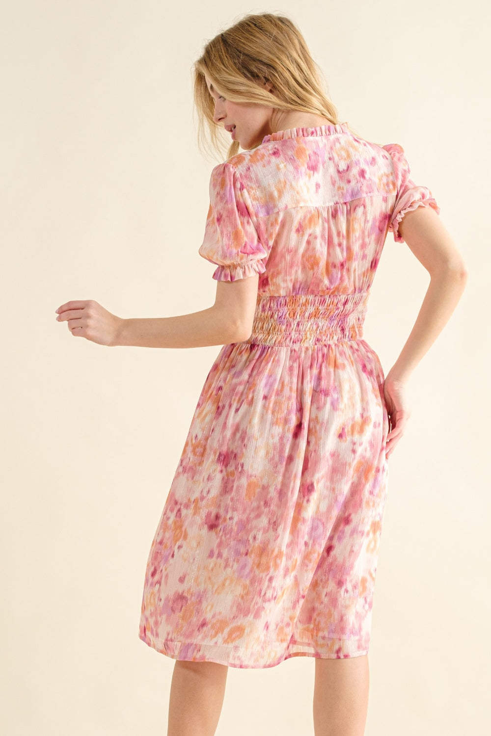 Full Size Smocked Waist Printed Midi Dress For Women – Elegant Smocked Midi Dress, Flattering Printed Midi Dress, Comfortable Fluttering Smocked Waist Dress, Vibrant Print Midi Dress, Chic Floral Midi Dress, Versatile Midi Dress