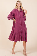 Mineral Wash Cotton Gauze Ruffle Midi Shirt Dress For Women – Casual and Feminine Button-Down Dress with Ruffle Details