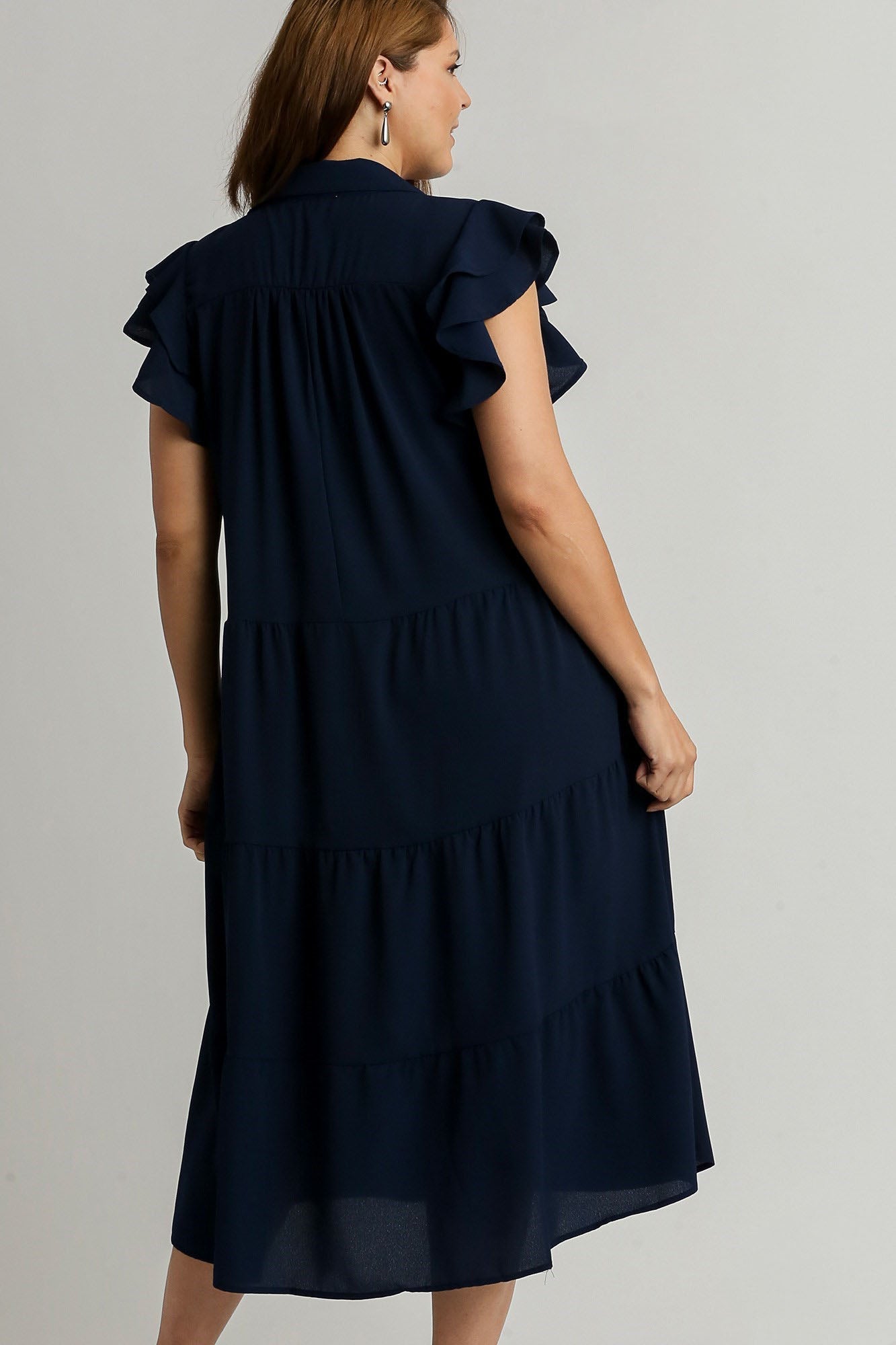 Dark Navy Full Size Ruffle Sleeve Dress Classic Feminine Plus Size Fashion Soft Dress