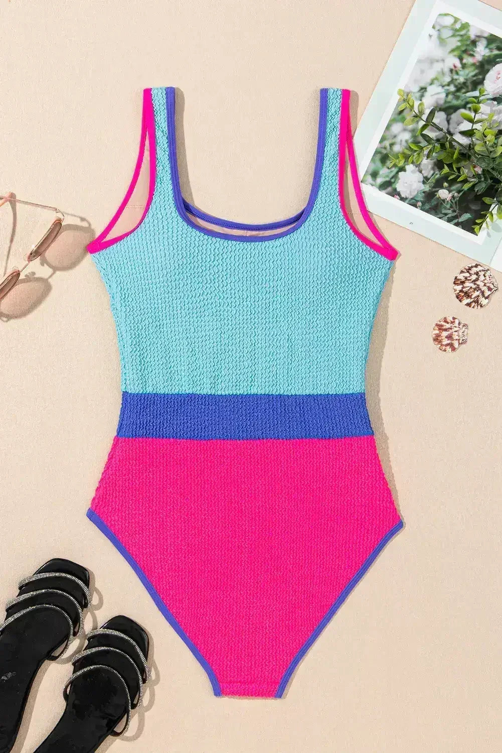 Rose Red Textured Colorblock One Piece Swimsuit