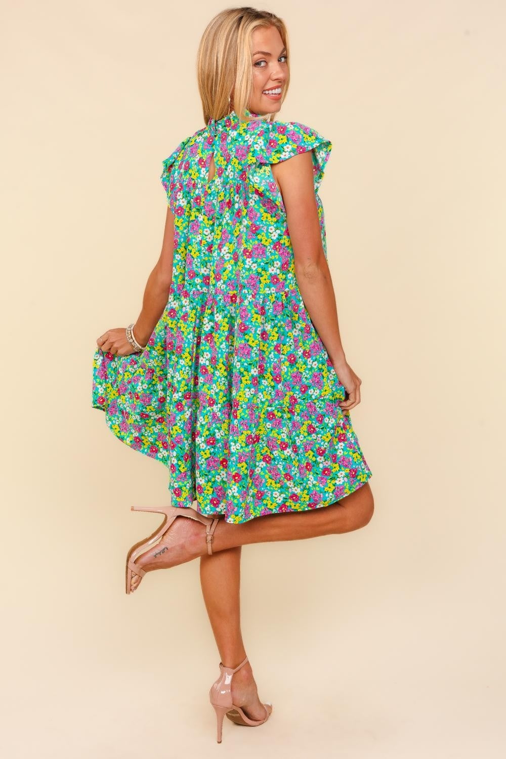 Frilled Mock Neck Ditsy Floral Dress – Mock Neck Floral Dress, Frilled Floral Dress, Ditsy Floral Dress, Tiered Floral Dress, Elegant Floral Dress, Feminine Floral Dress, Pocketed Floral Dress