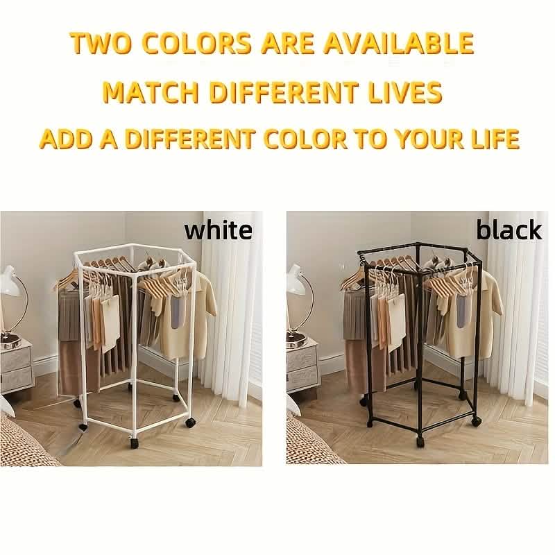 360 Rotating Freestanding Clothing Rack, Hexagonal Carbon Steel Organizer with Wheels