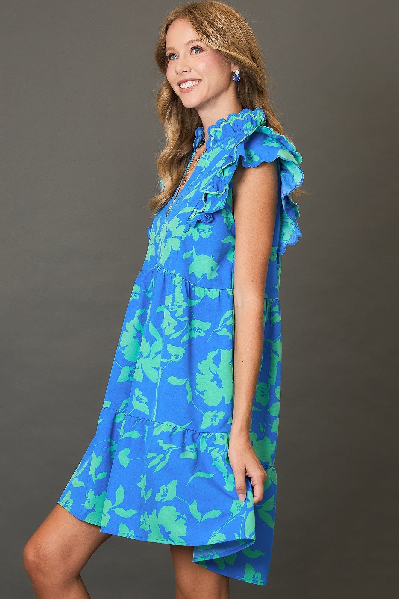 Blue Full Size Two-Tone Floral Print Ruffle Cap Sleeve Mini Dress Plus Size Elegant Dress