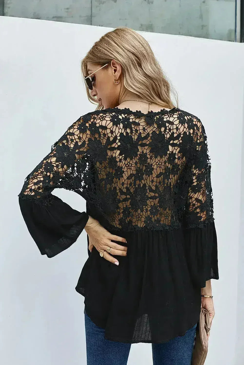 Black Crochet Lace Blouse - ¾ Bell Sleeve Button-Up Top for Women | Femstylo