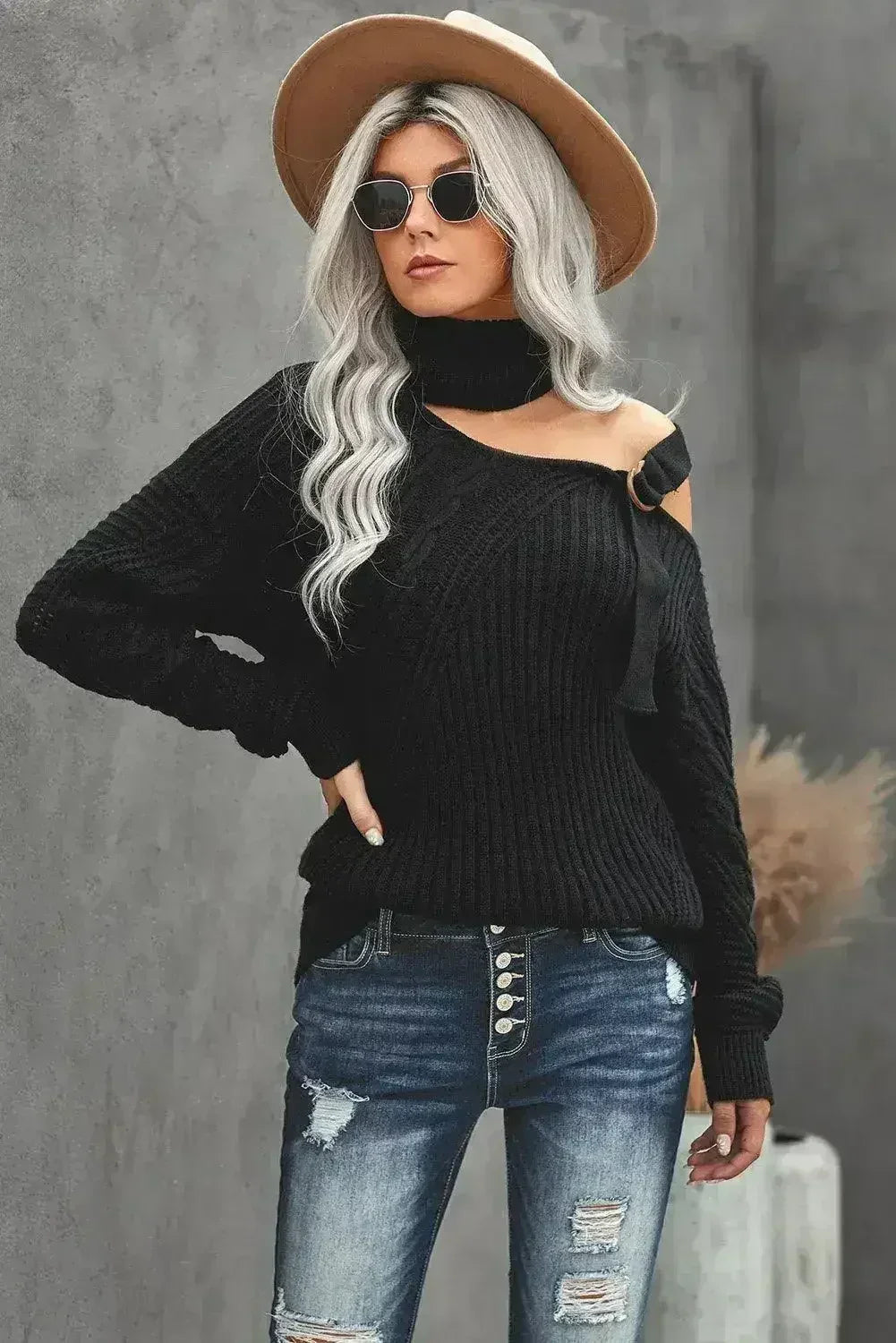 Winter Black Strapped Cut out Shoulder Turtleneck Sweater