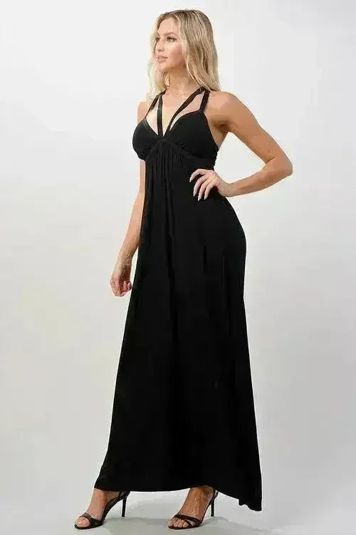 Strappy V-Neck Criss Cross Maxi Dress Flowy  - Femstylo