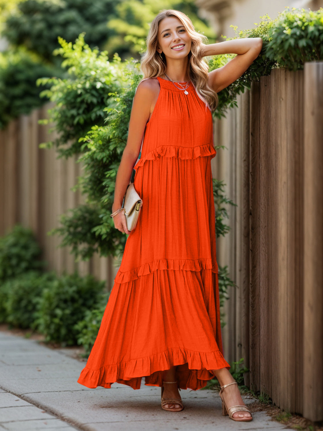 Romantic Ruffled Sleeveless Tiered Maxi Dress with Pockets Elegant & Chic Statement Beautiful Design Dress