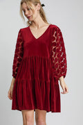 Dotted Lace Sleeve Tiered Velvet Mini Dress For Women – Vintage Lace Dress, Tiered Velvet Dress, Elegant Party Dress, Whimsical Lace Sleeve Dress, Chic Mini Dress
