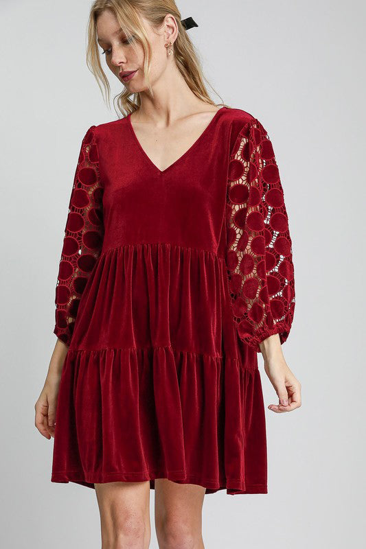 Dotted Lace Sleeve Tiered Velvet Mini Dress For Women – Vintage Lace Dress, Tiered Velvet Dress, Elegant Party Dress, Whimsical Lace Sleeve Dress, Chic Mini Dress