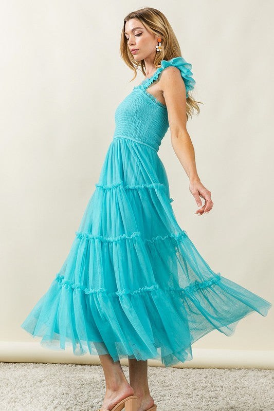 Frill Mesh Tiered Midi Dress For Women – Fluttering, Elegant, Romantic Frill Design with Mesh Details for a Feminine Silhouette