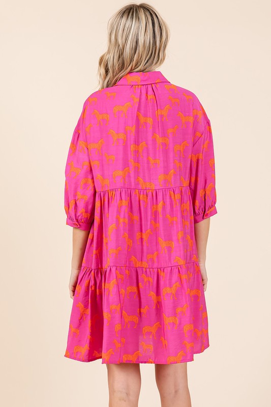 Zebra Print Button Down Shirt Mini Dress For Women – Fluttering, Bold and Fashion-Forward Dress with Pocketed Tiered Design