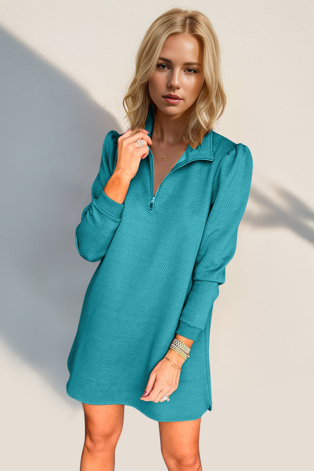 Double Take Textured Zip Long Sleeve Dress Classic Zip-Up Dress for Women Comfortable Outdoor Dress