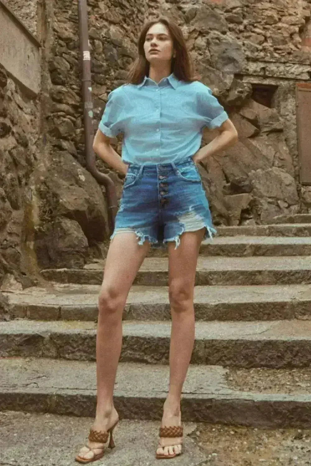 Kancan Distressed Button-Fly High Waist Denim Shorts