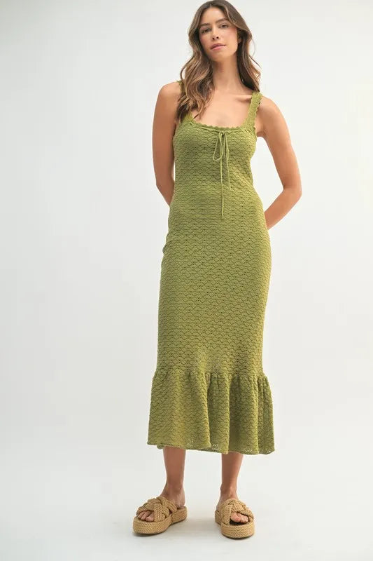 Ruffled Hem Sleeveless Crochet Knit Midi Dress For Women – Crochet Knit Dress, Unique Ruffled Hem Dress, Sleeveless Midi Dress, Summer Midi Dress, Elegant Crochet Dress