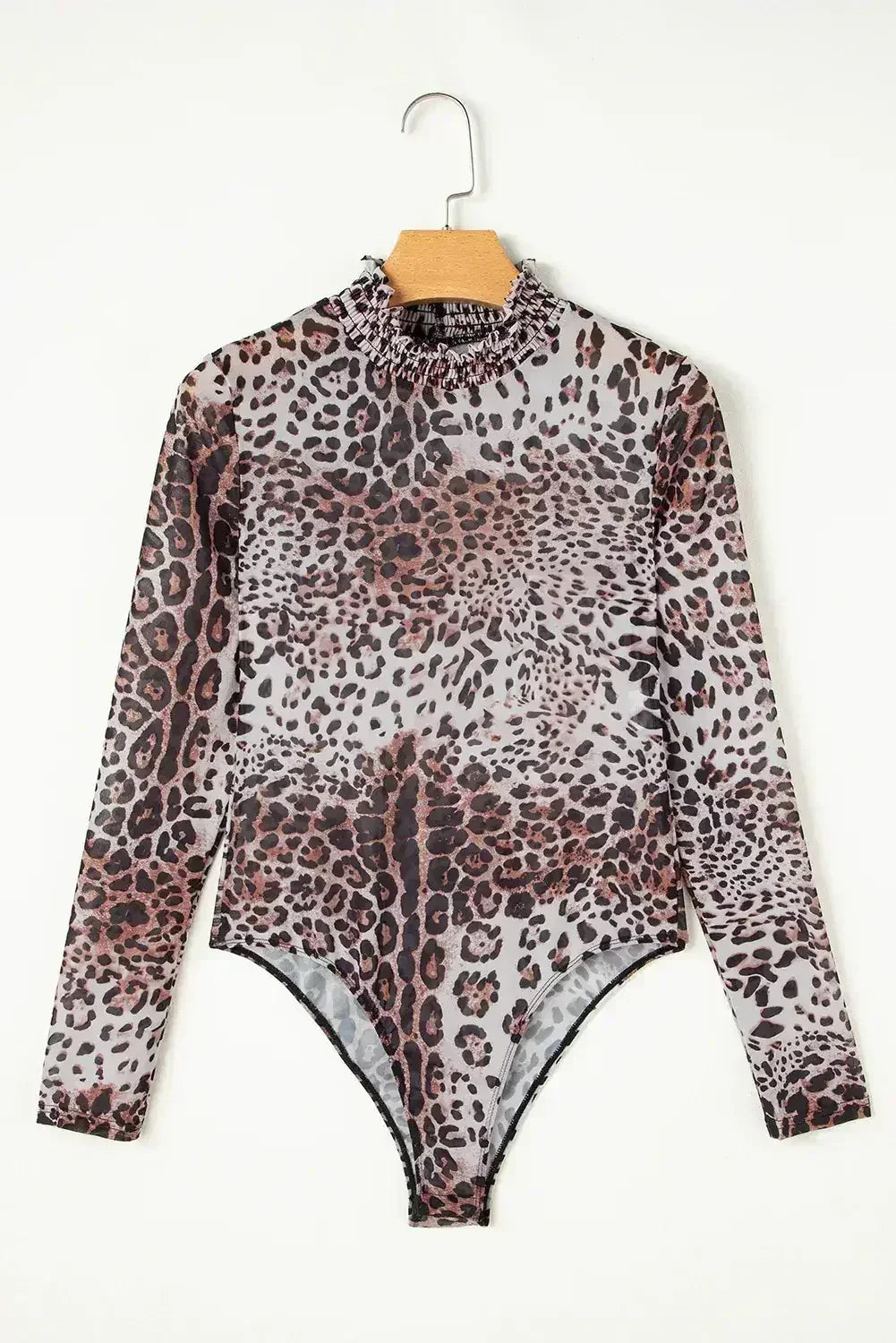Brown Leopard Print Mesh Bodysuit Smocked Neck - Femstylo