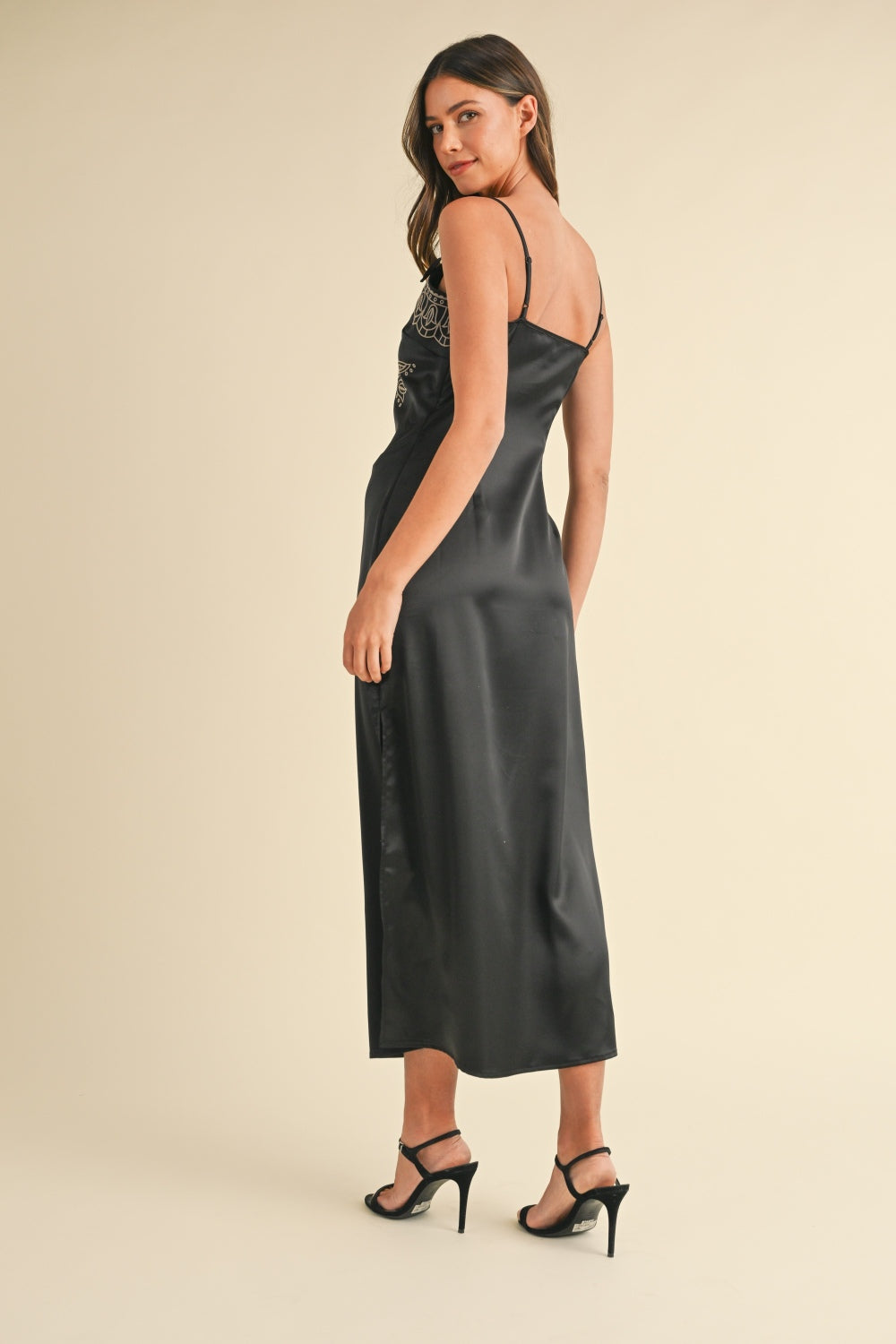 Embroidered Cami Satin Midi Slit Dress – Satin Dress, Sexy, Flattering, Embroidered Dress, Cami Style Dress, Midi Dress, Slit Detail Dress, Elegant Satin Dress