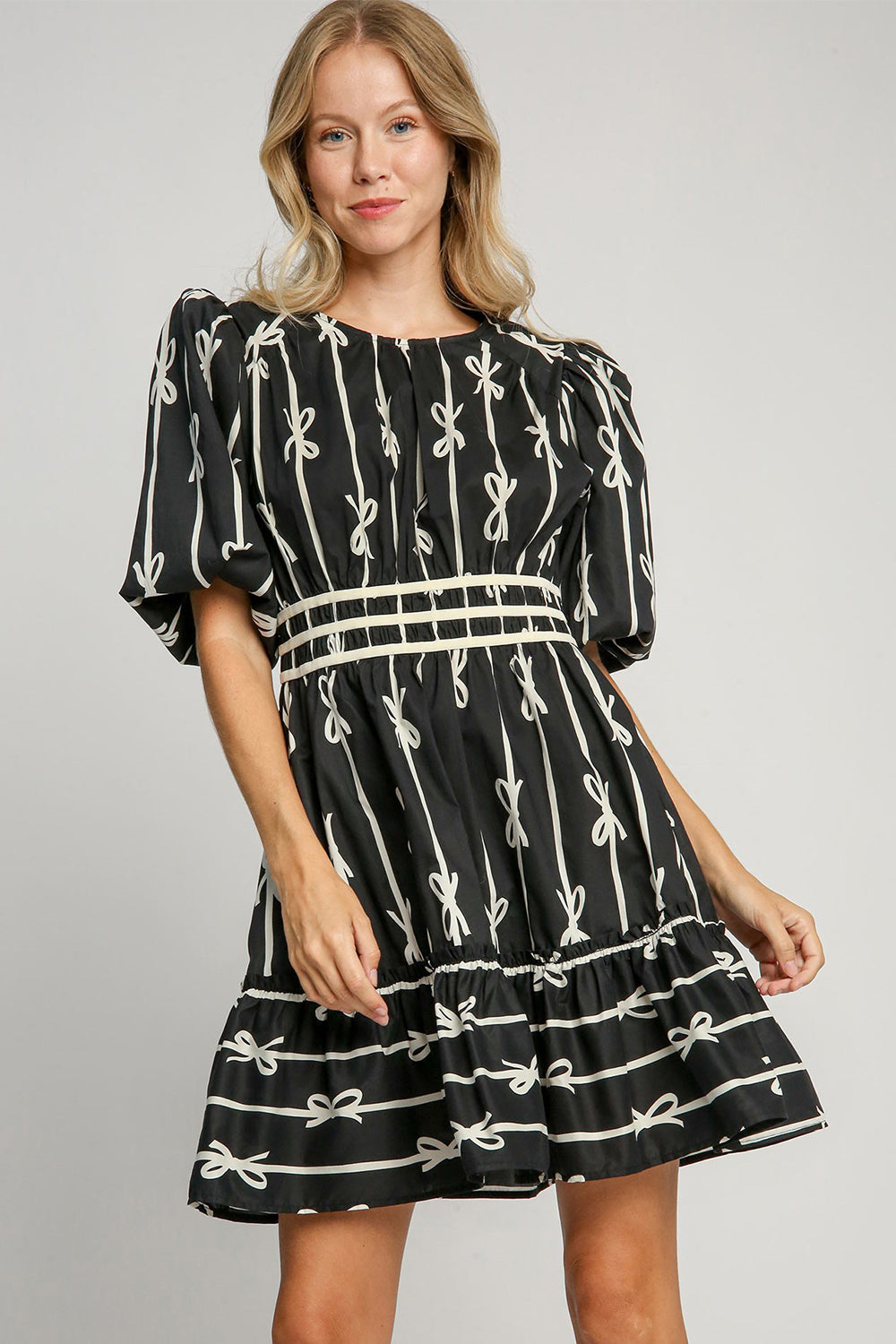 Elegant Black Ribbon Print Dress Stylish Contrast Half Sleeve Dress for Women