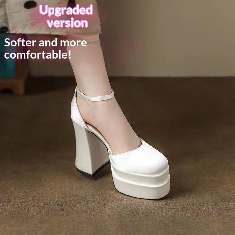Women's Mary Jane Platform Heels - Chunky Heel Satin Pumps with Rhinestone Strap